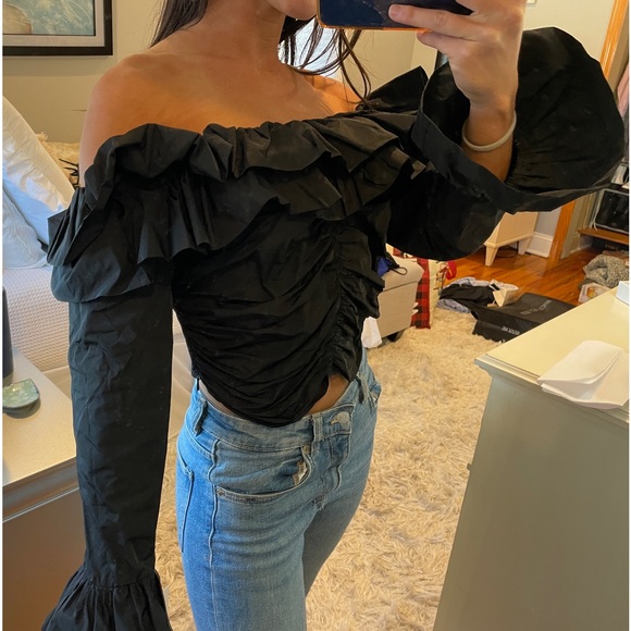 NWT Zara Bardot Black Off Shoulder Ruffle Ruched Crop Long Sleeve Top - Picture 3 of 8